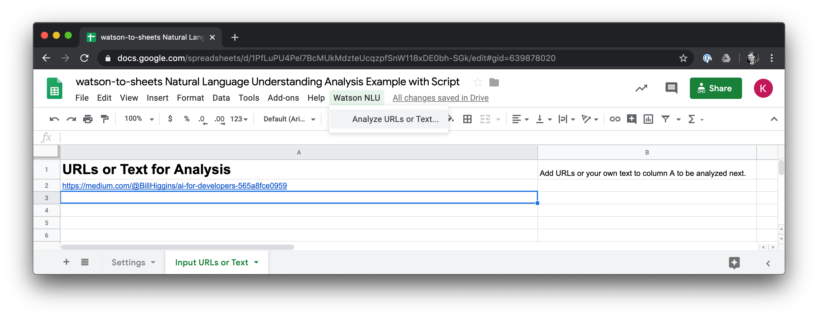 A screenshot of the Input URLs or Text Sheet for the watson-to-sheets project