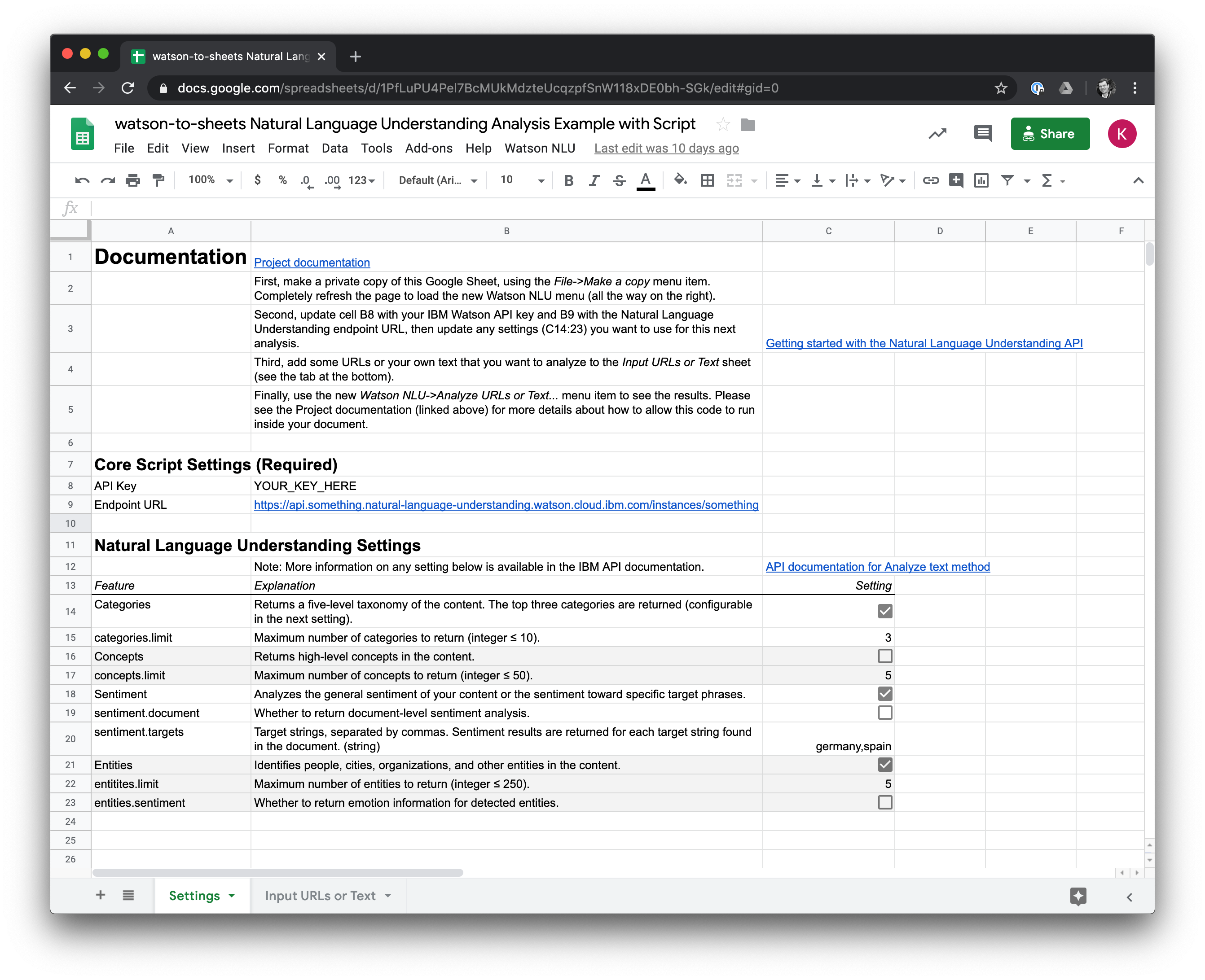 A screenshot of the settings Sheet for the watson-to-sheets project